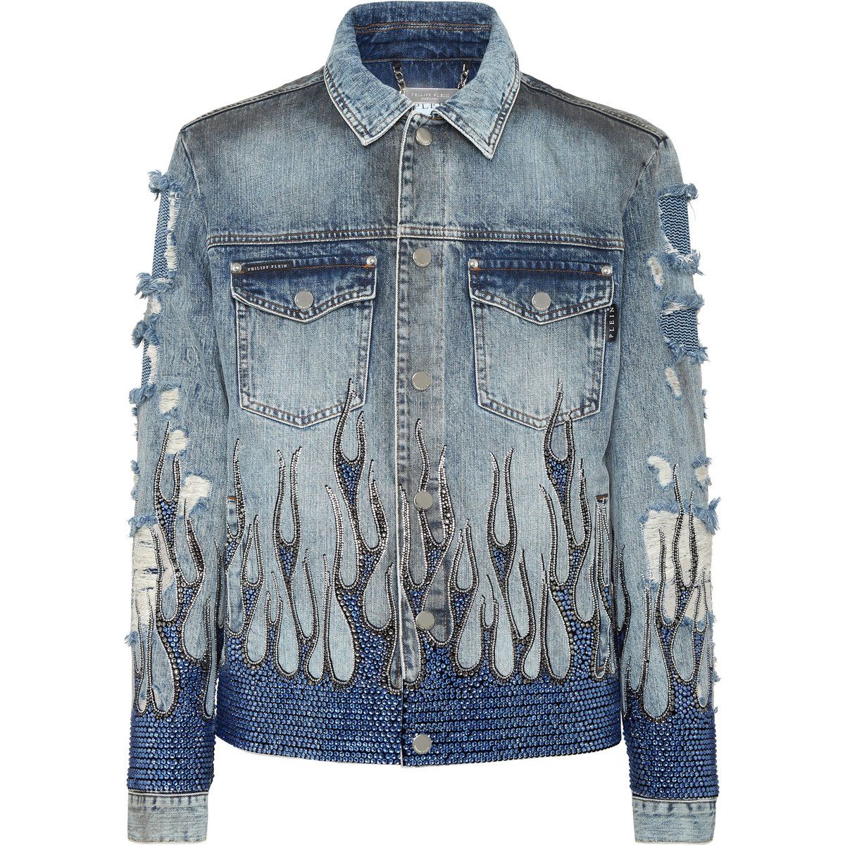 Jeansjacke mit Flammenmuster, Strassakzente