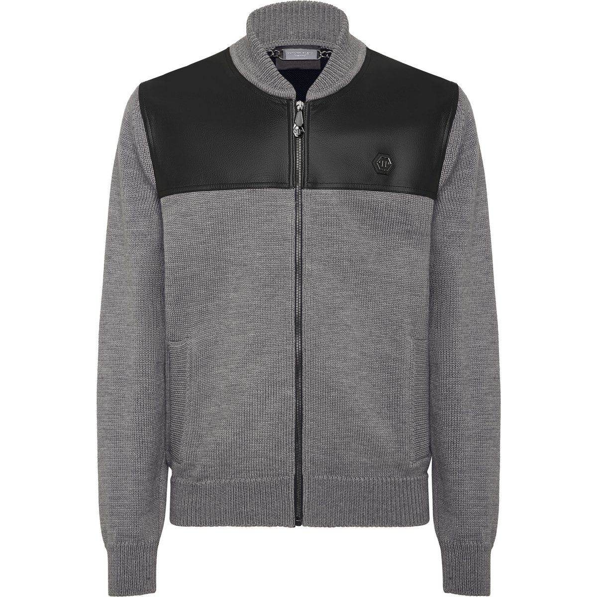 Merino-Wollbomber mit Lederbesatz