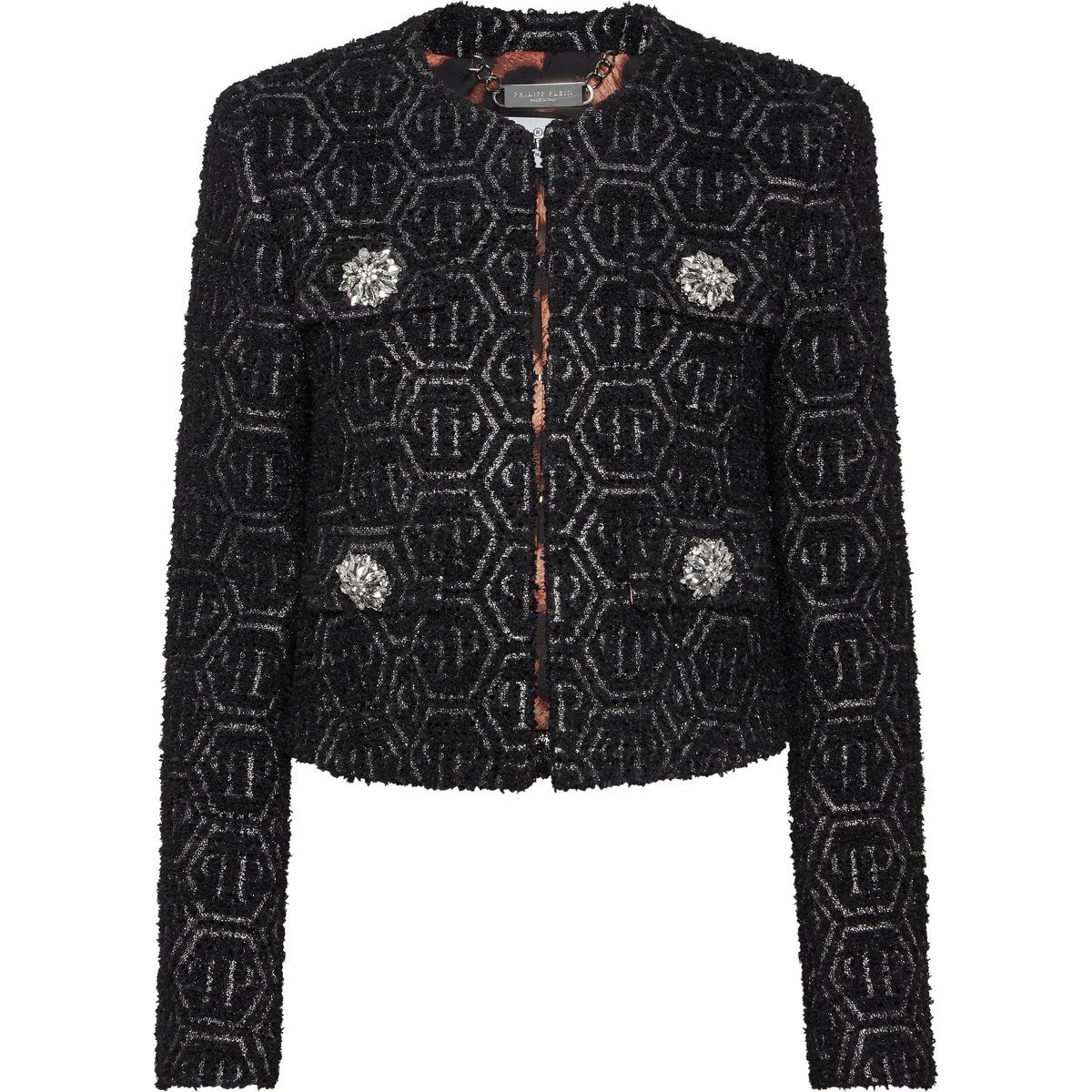 Monogramm-Jacquard Tweed-Jacke mit Broschen