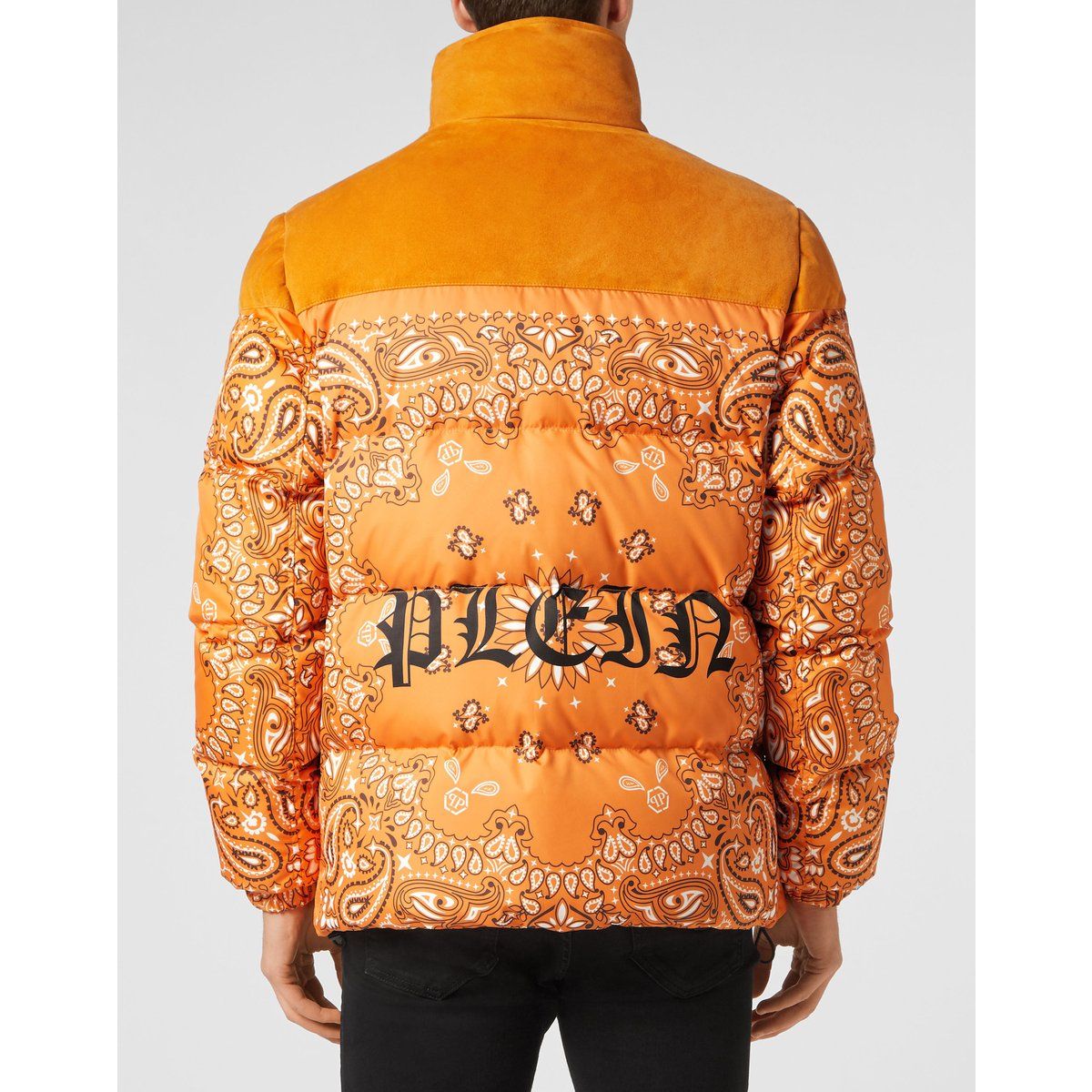 Puffer Jacke mit Paisley-Print und Wildlederdetails
