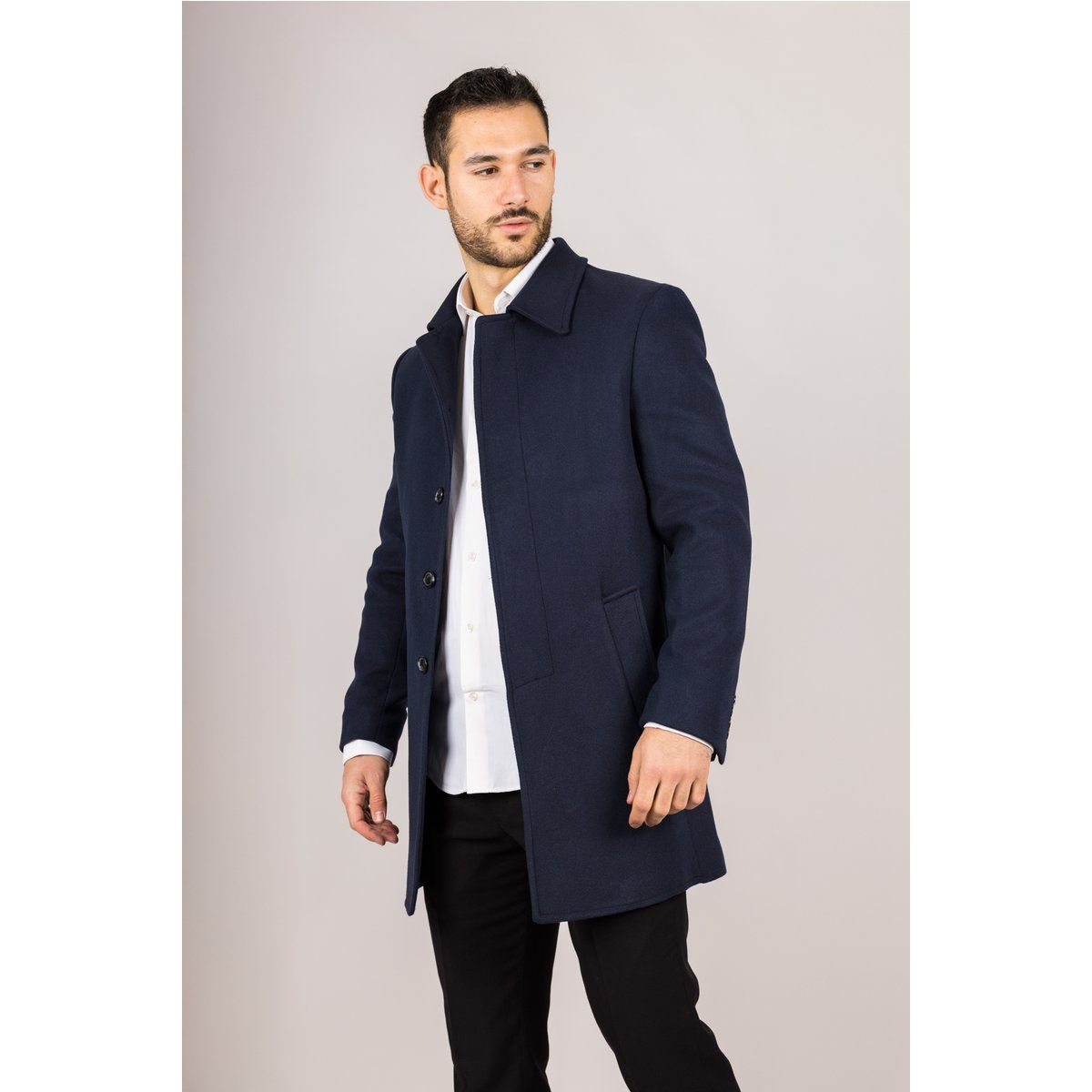 Marineblauer Wollmix-Klassischer-Mantel