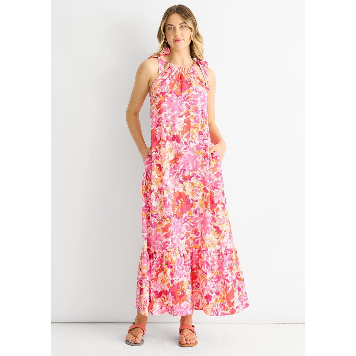 Geblümtes Trapez-Maxikleid mit Bindebändern