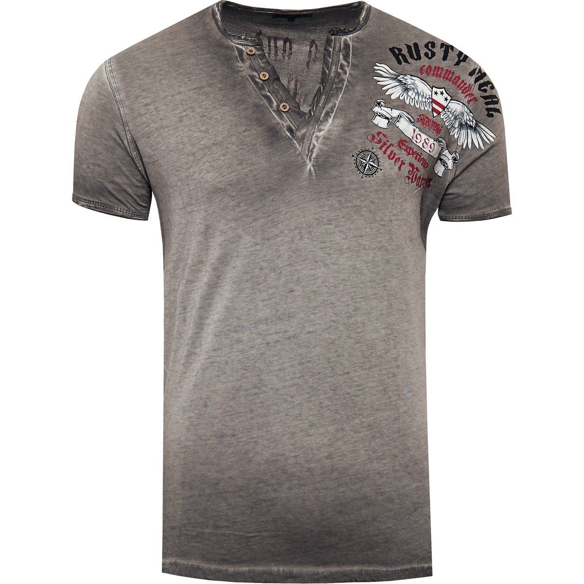 V-Ausschnitt T-Shirt im Used-Look mit Print