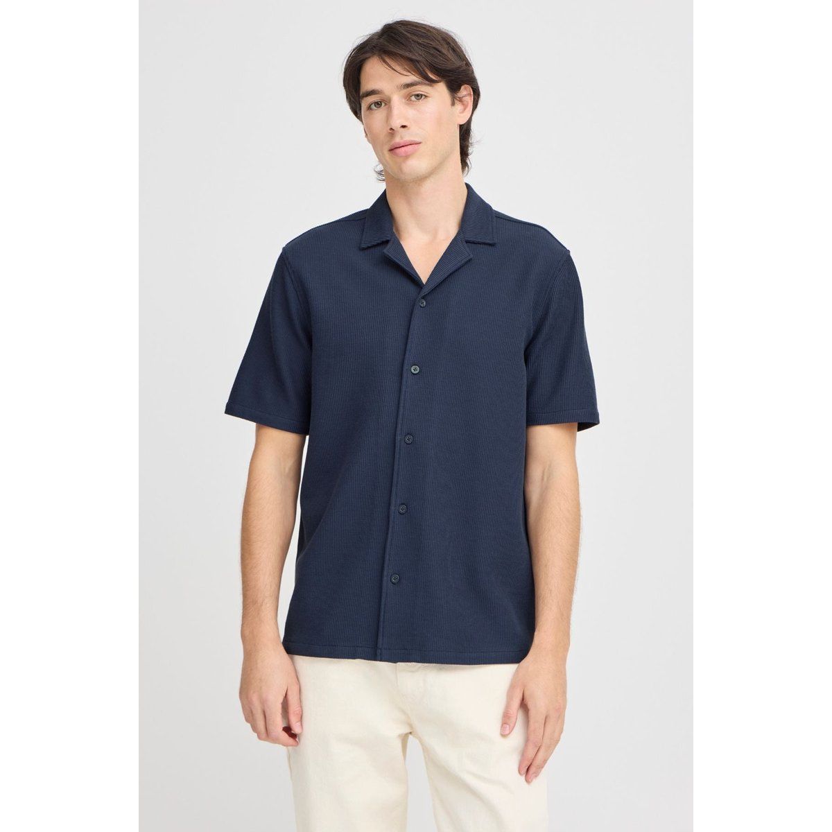 Herren Marineblaues Rippstrick Camp-Hemd
