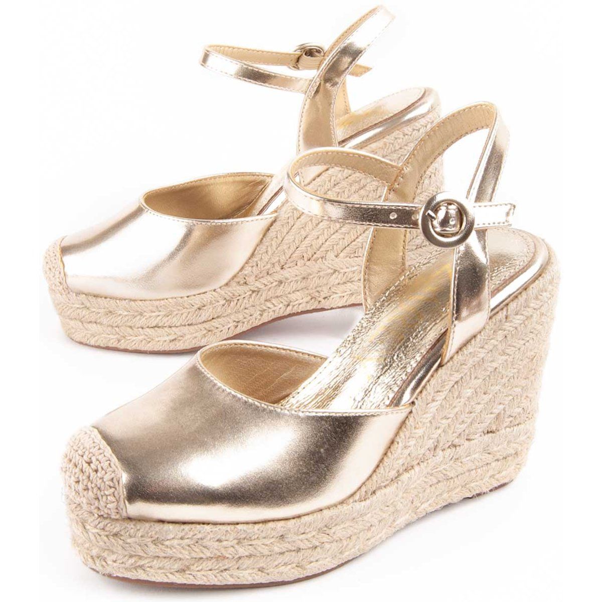 Metallic Goldfarbene Espadrille-Sandalette mit Keilabsatz