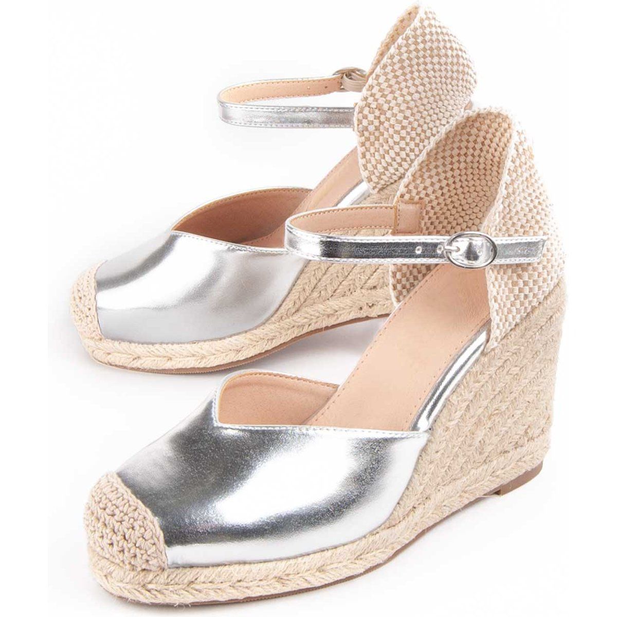 Silberne Keil-Espadrille-Sandale mit Knöchelriemen