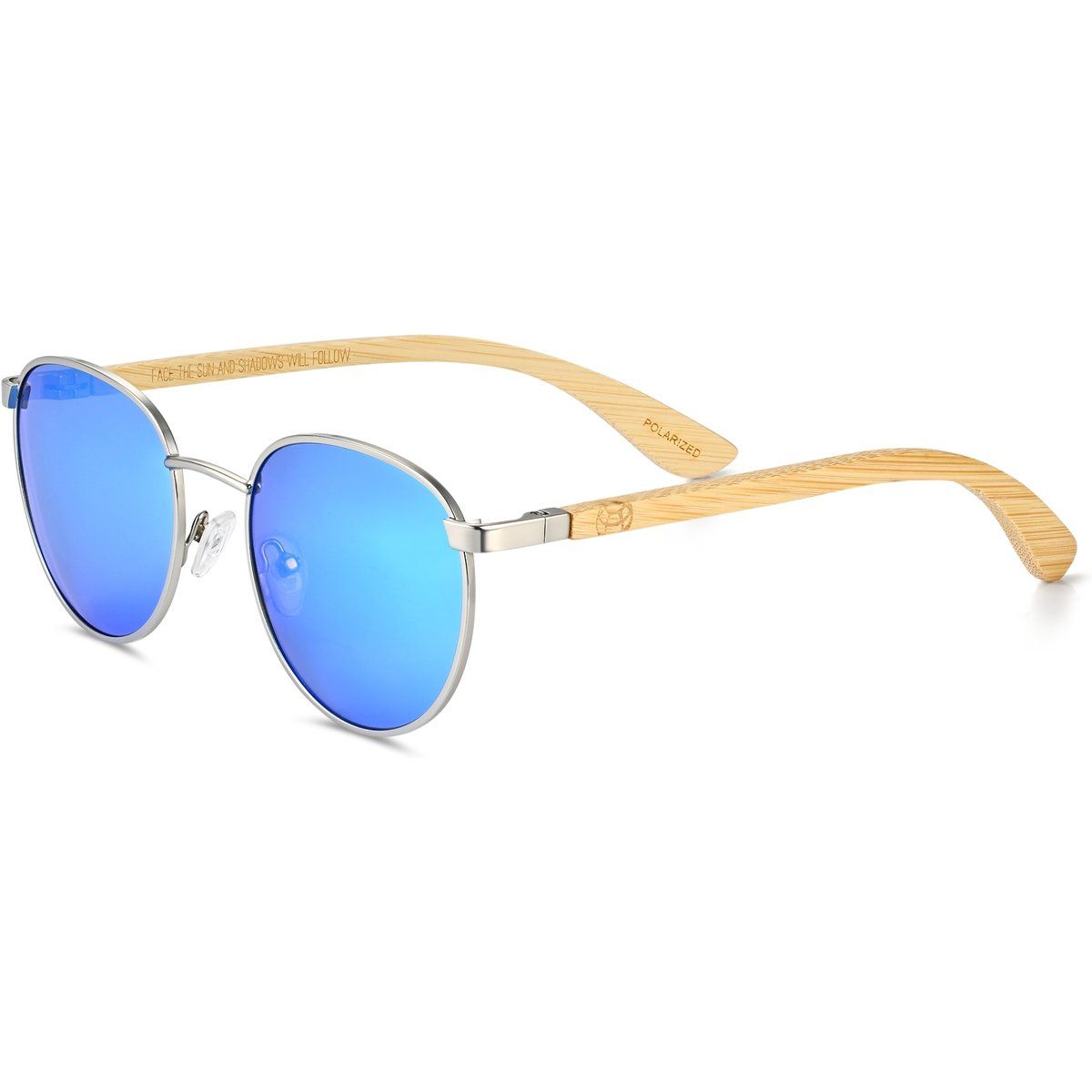 Runde silberne Metall Sonnenbrille mit Bambusbügeln