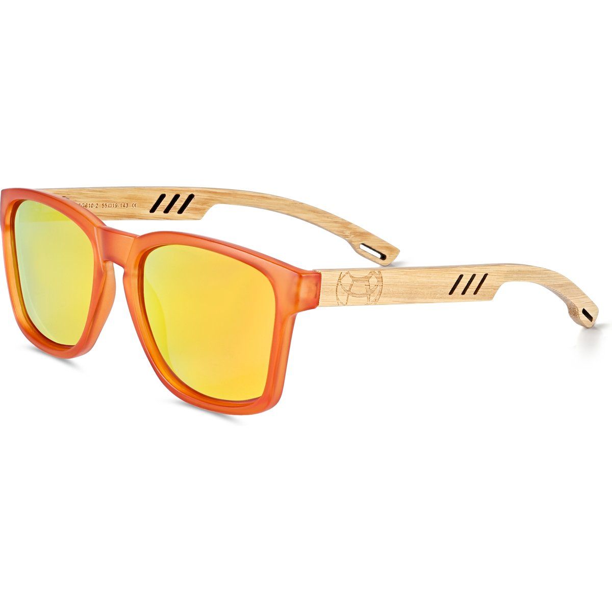 Sonnenbrille mit orangefarbenem Rahmen und Bambusarm