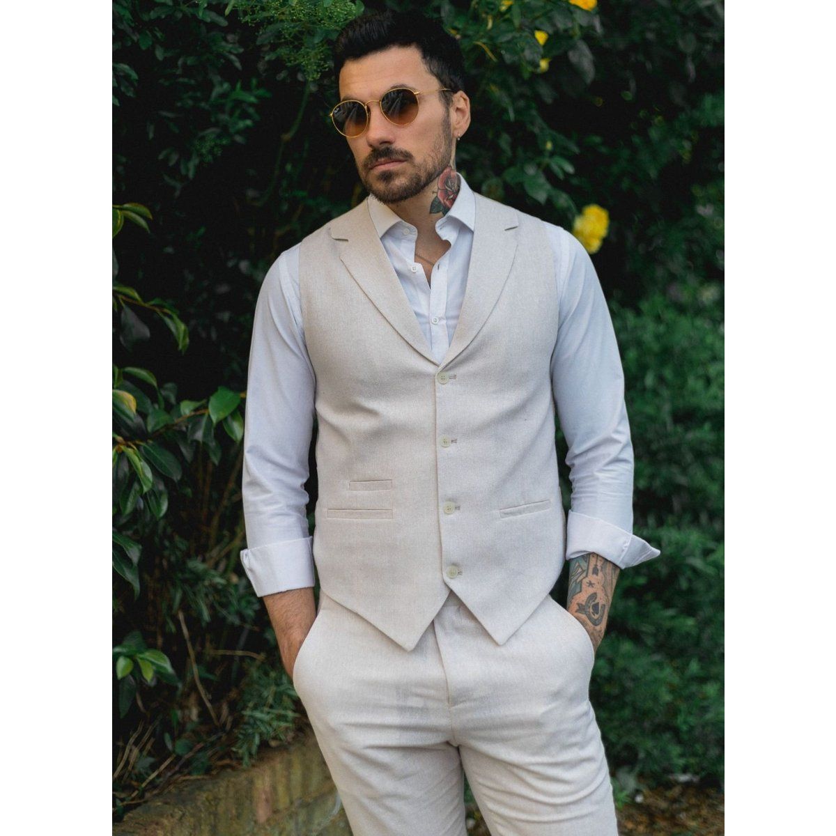 Herren Sommer Leinen Anzug Weste Set