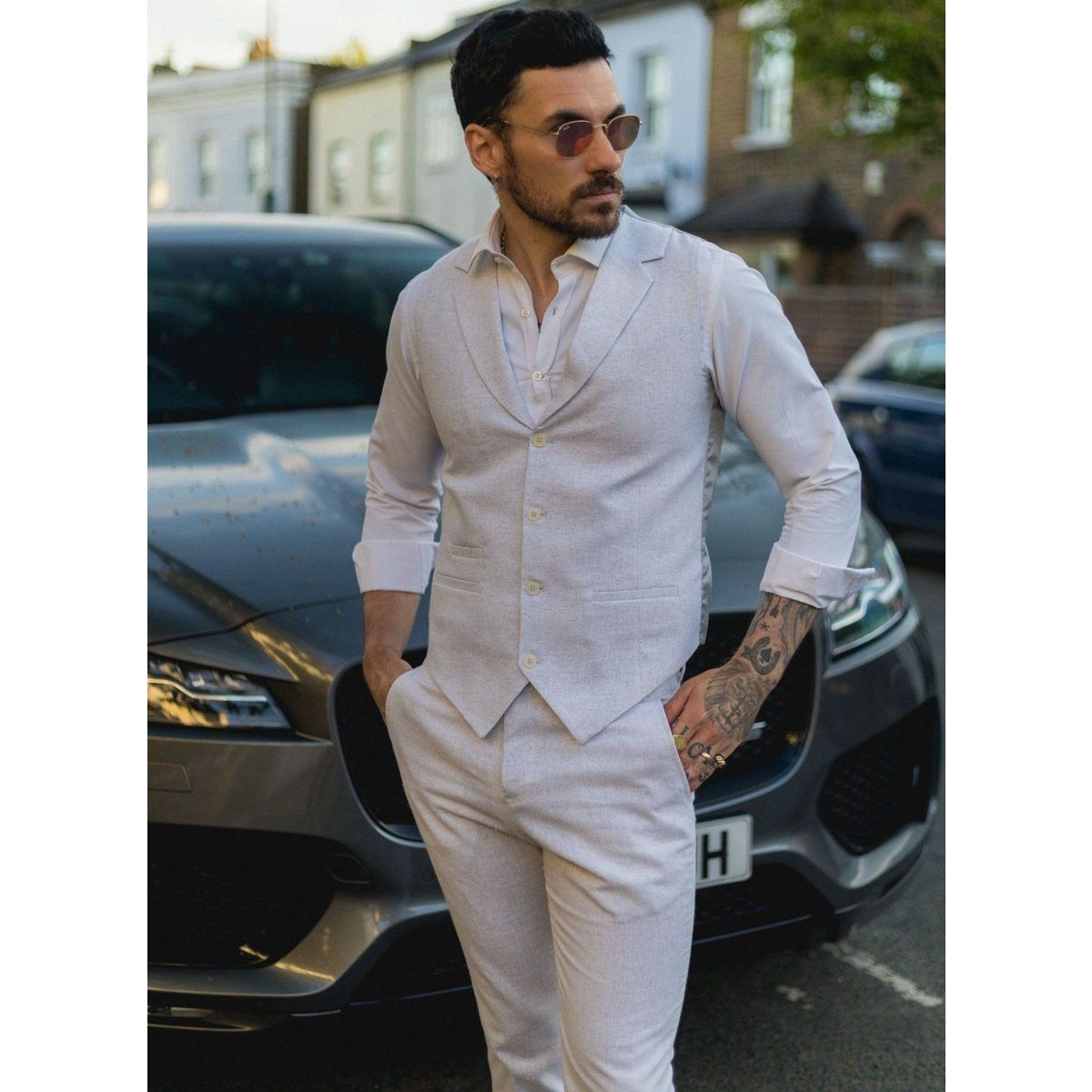 Herren Sommer Leinen Weste Anzug Set
