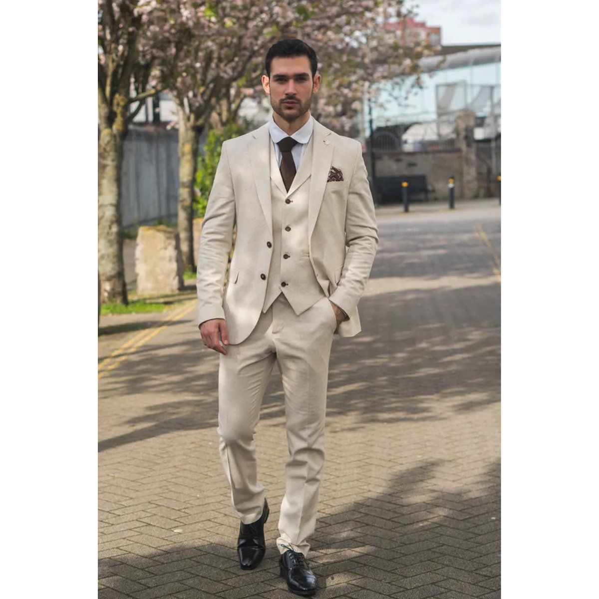 Herren Beige Leinen 3-Teiler Anzug
