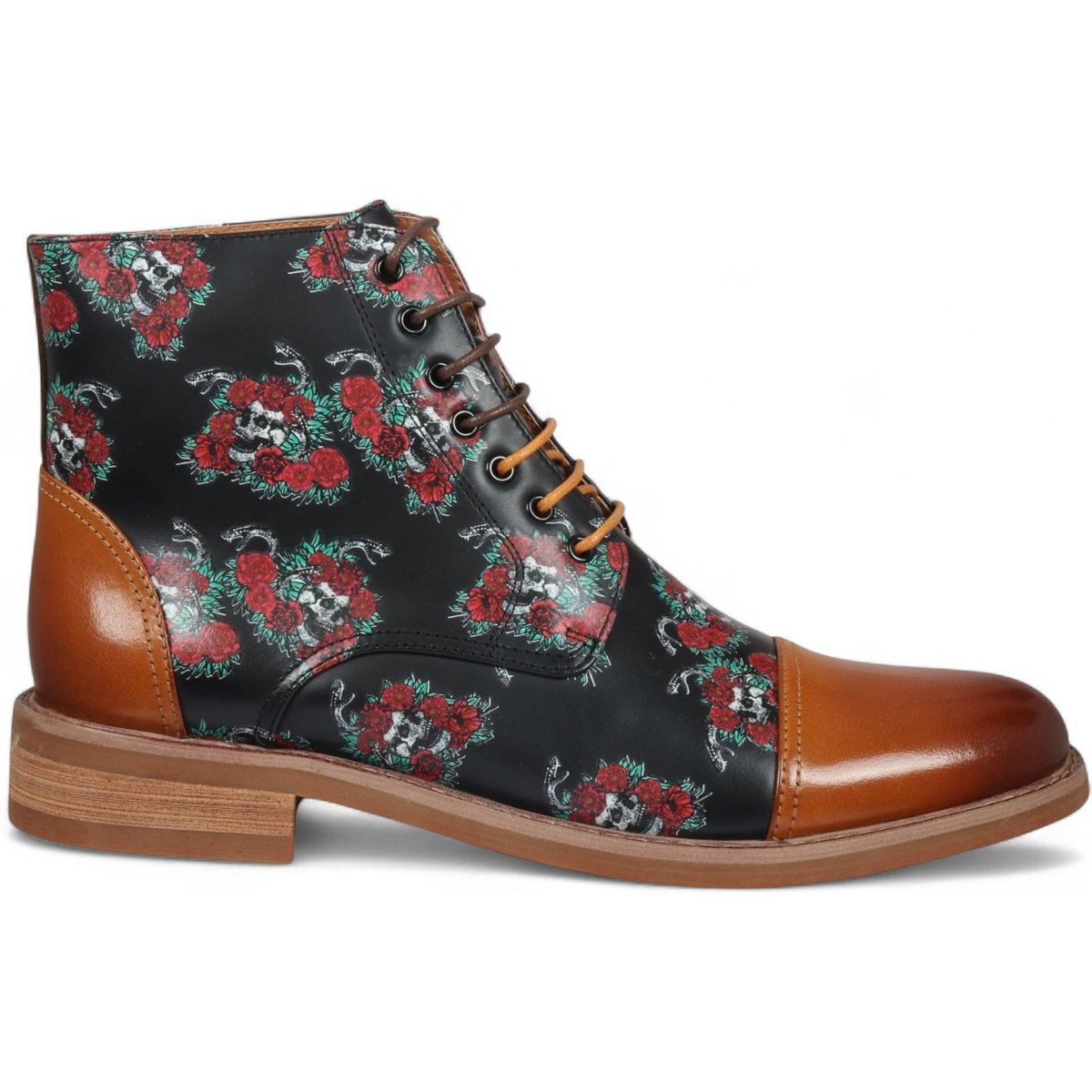Oxford-Stiefeletten aus Leder mit Blumen-Totenkopf-Print