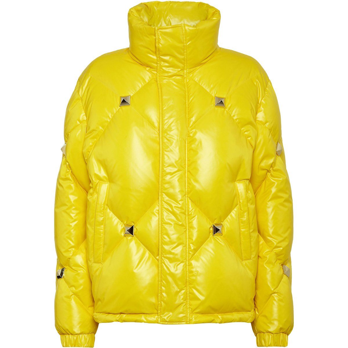 Gelbe gesteppte Daunenjacke mit Nieten