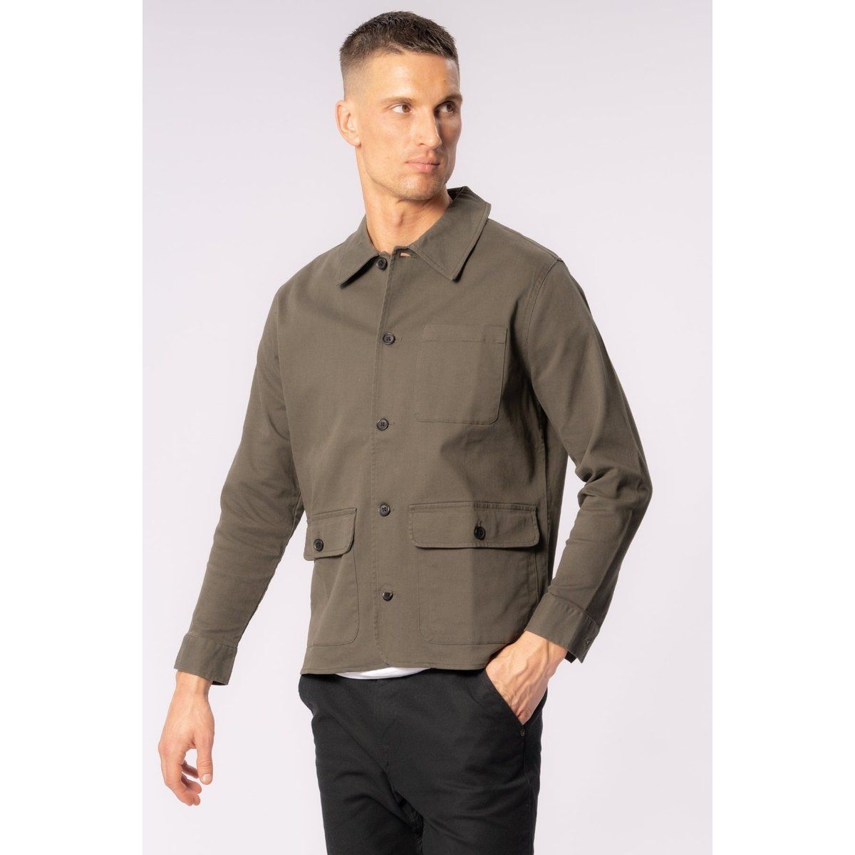 Twill-Hemdjacke in Dunkeloliv