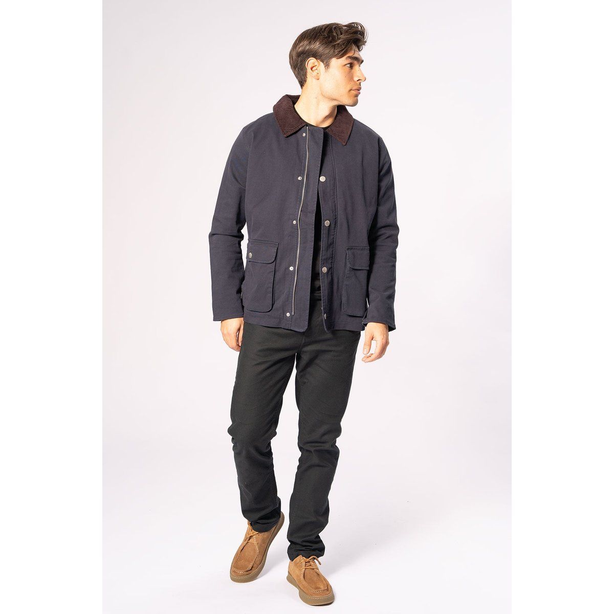 Marineblaue Twill Jacke mit Cordkragen