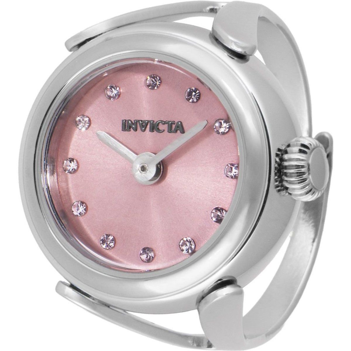 Silberfarbene Ringuhr mit rosa Zifferblatt