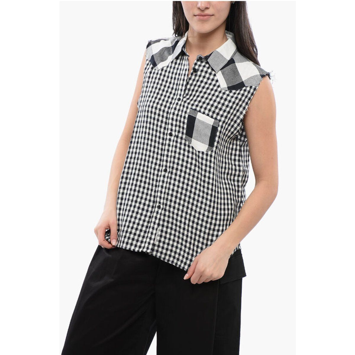 Ärmelloses Gingham Leinenmischungshemd