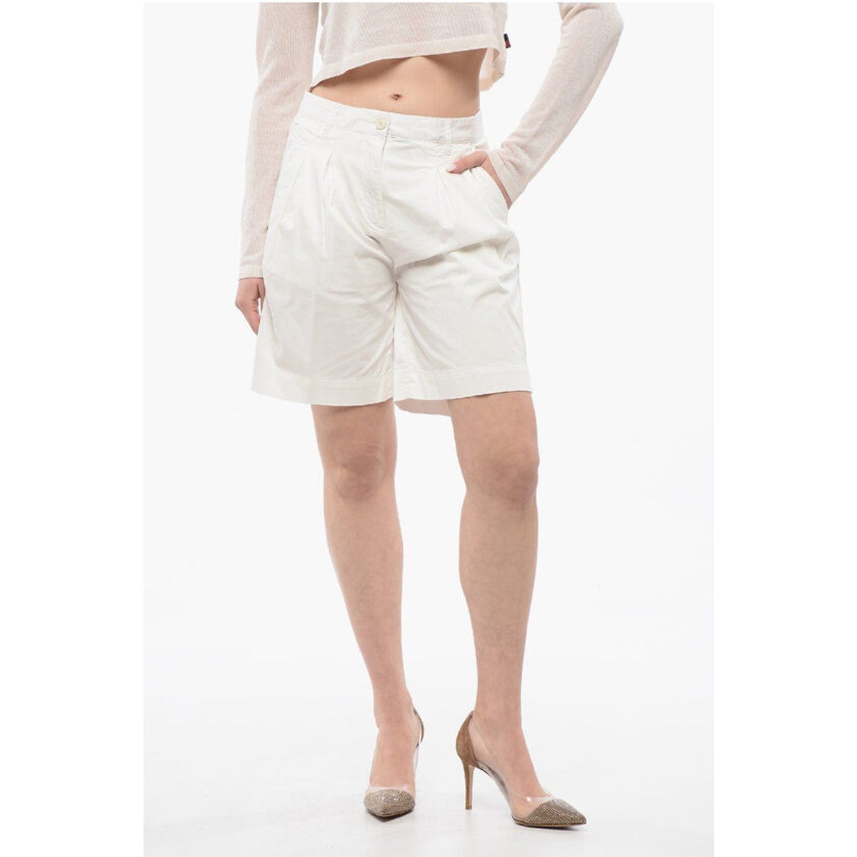 Plissierte High-Waist Shorts aus Baumwollmischung