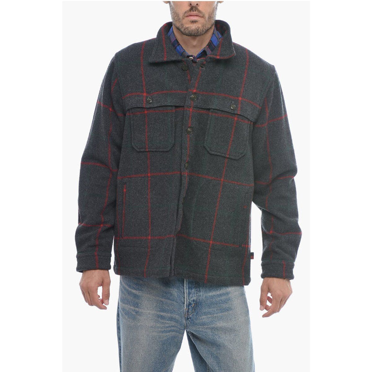 Graues Overshirt aus Wollmischgewebe mit Karomuster