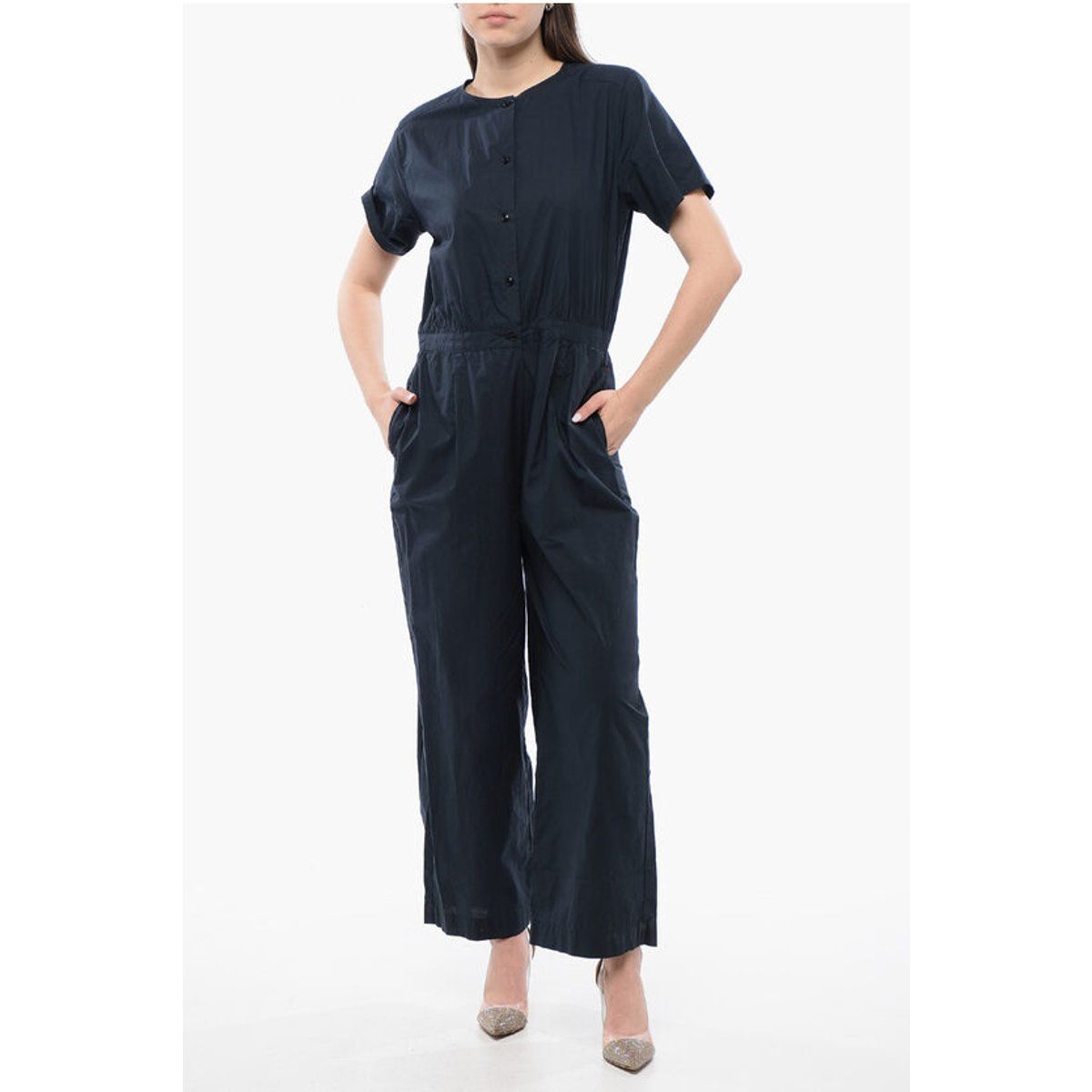 Marineblauer, kurzärmeliger Jumpsuit mit Knopfleiste