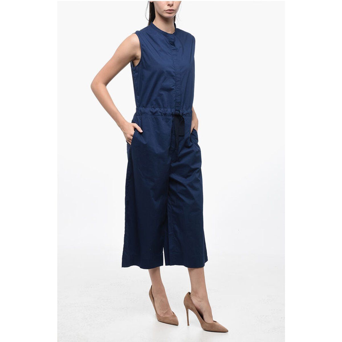 Ärmelloser Popeline-Baumwoll-Jumpsuit mit Gürtel