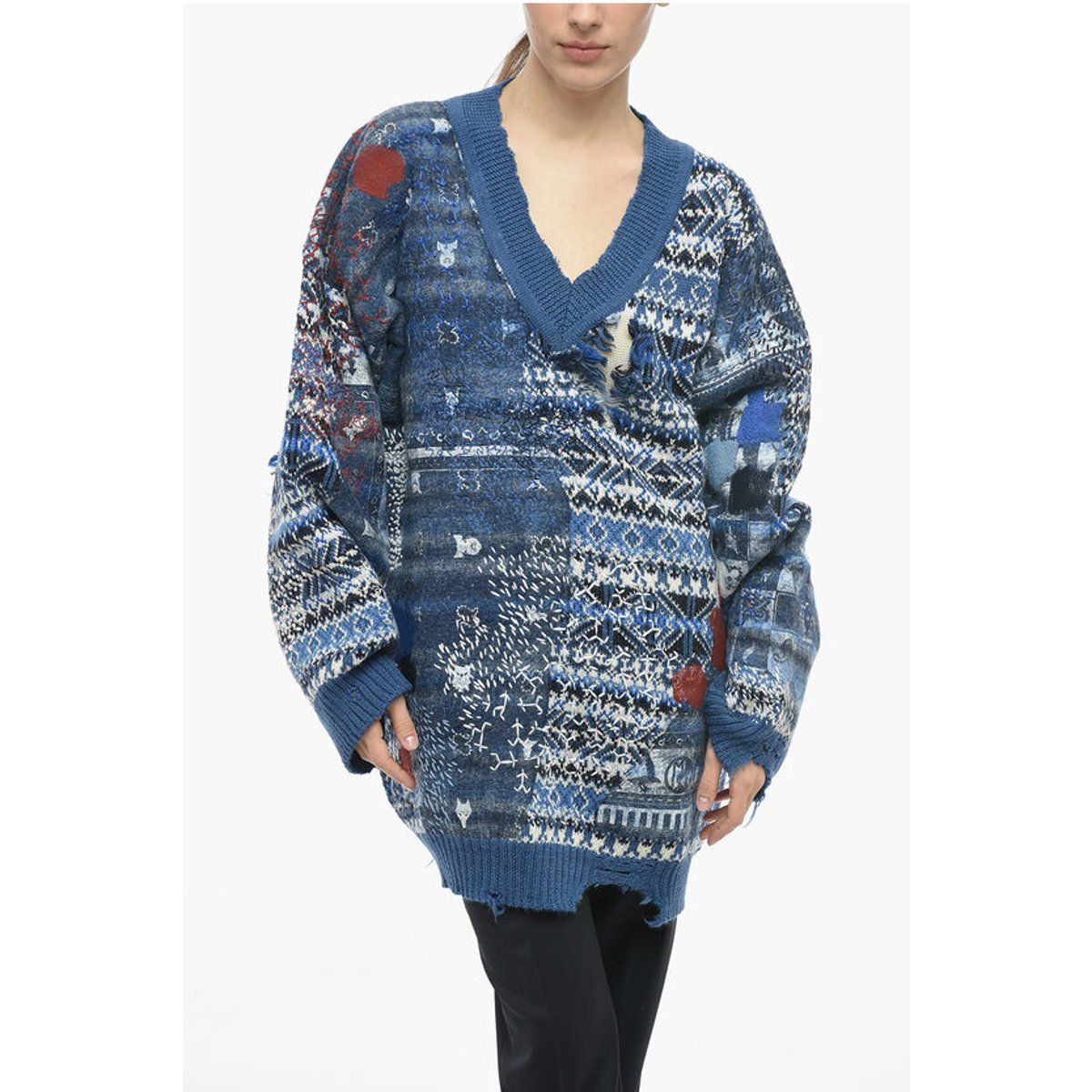 Oversized Patchwork Strickpullover mit V-Ausschnitt