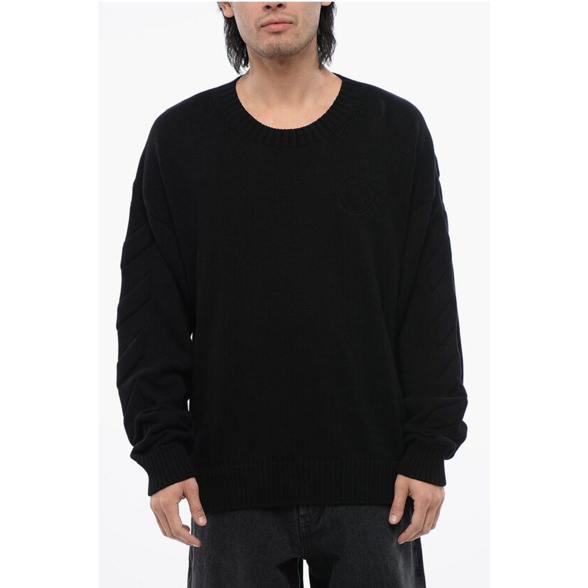 Schwarzer Baumwoll-Rundhals-Pullover