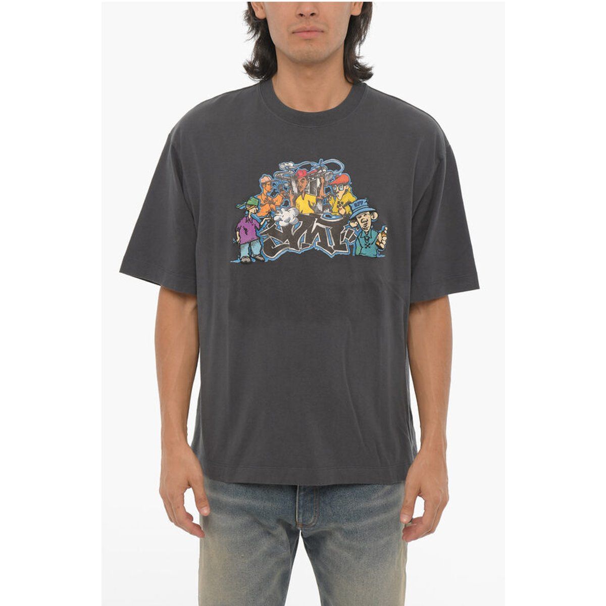 Graues Baumwoll-T-Shirt mit Graffiti-Print