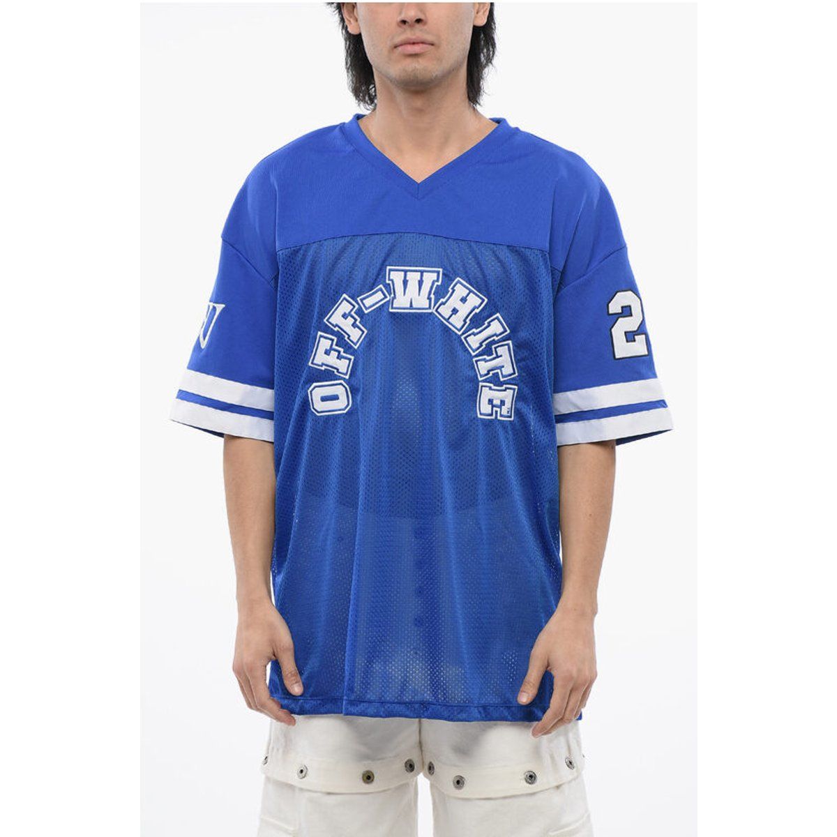 Blaues besticktes Mesh-Football-T-Shirt