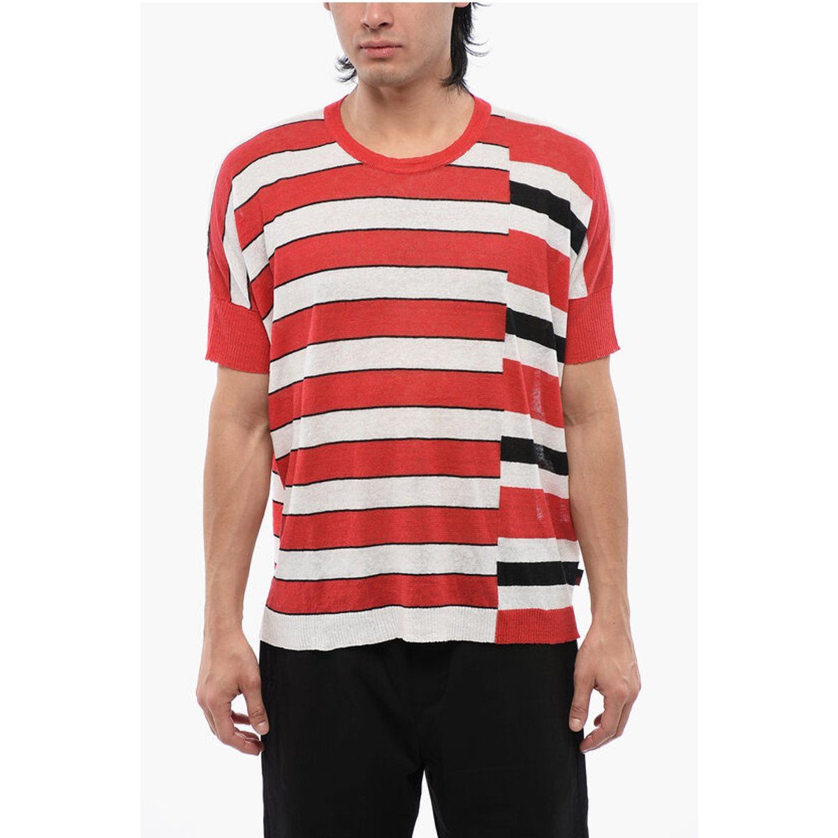 Gestreiftes Leinen Kurzarm T-Shirt