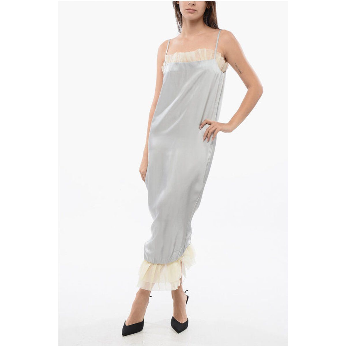Satin Slip Kleid mit Chiffonbesatz