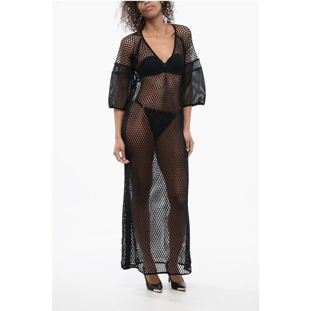 Kaftankleid aus Netzstoff mit Logo-Band