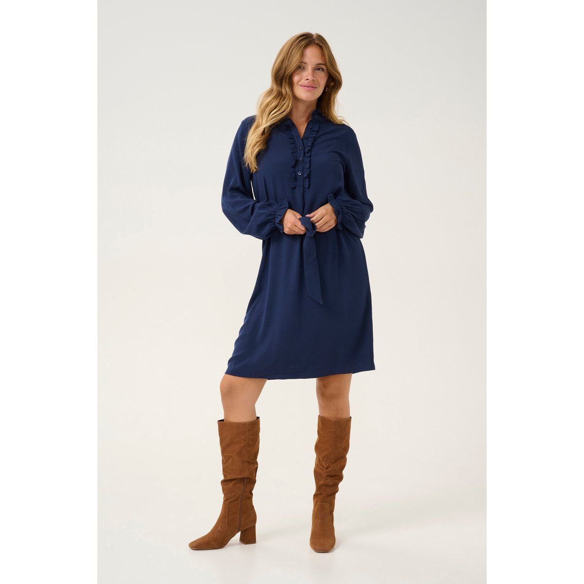 Marineblaues Rüschenkleid mit Bindeband