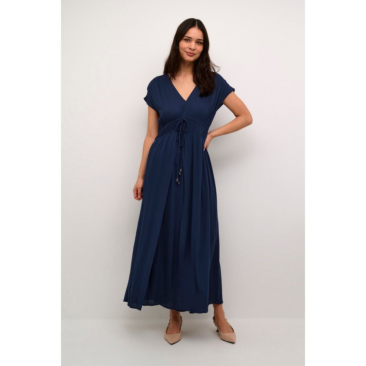 Marineblaues Maxikleid mit V-Ausschnitt und Bindeband