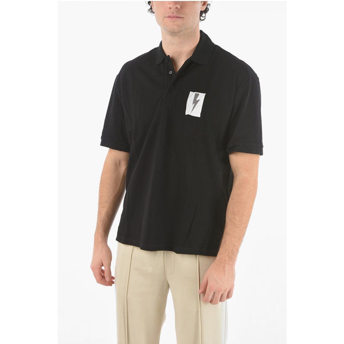 Schwarzes Poloshirt mit Logo-Grafik und lockerer Passform
