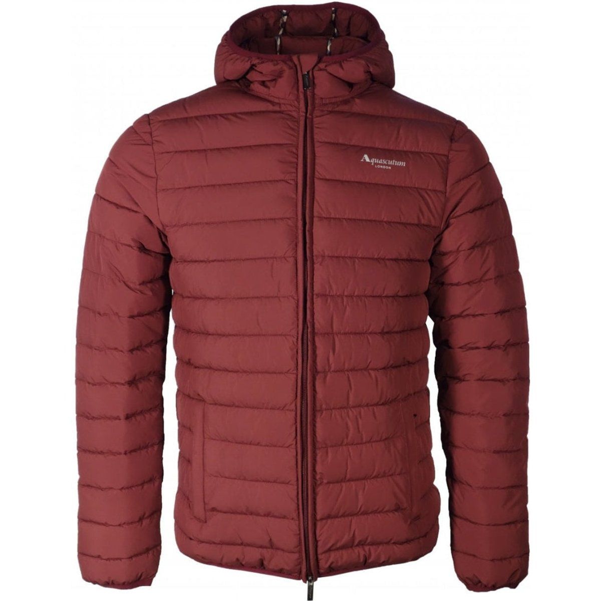 Burgunderfarbene, gesteppte, leichte Jacke mit Kapuze