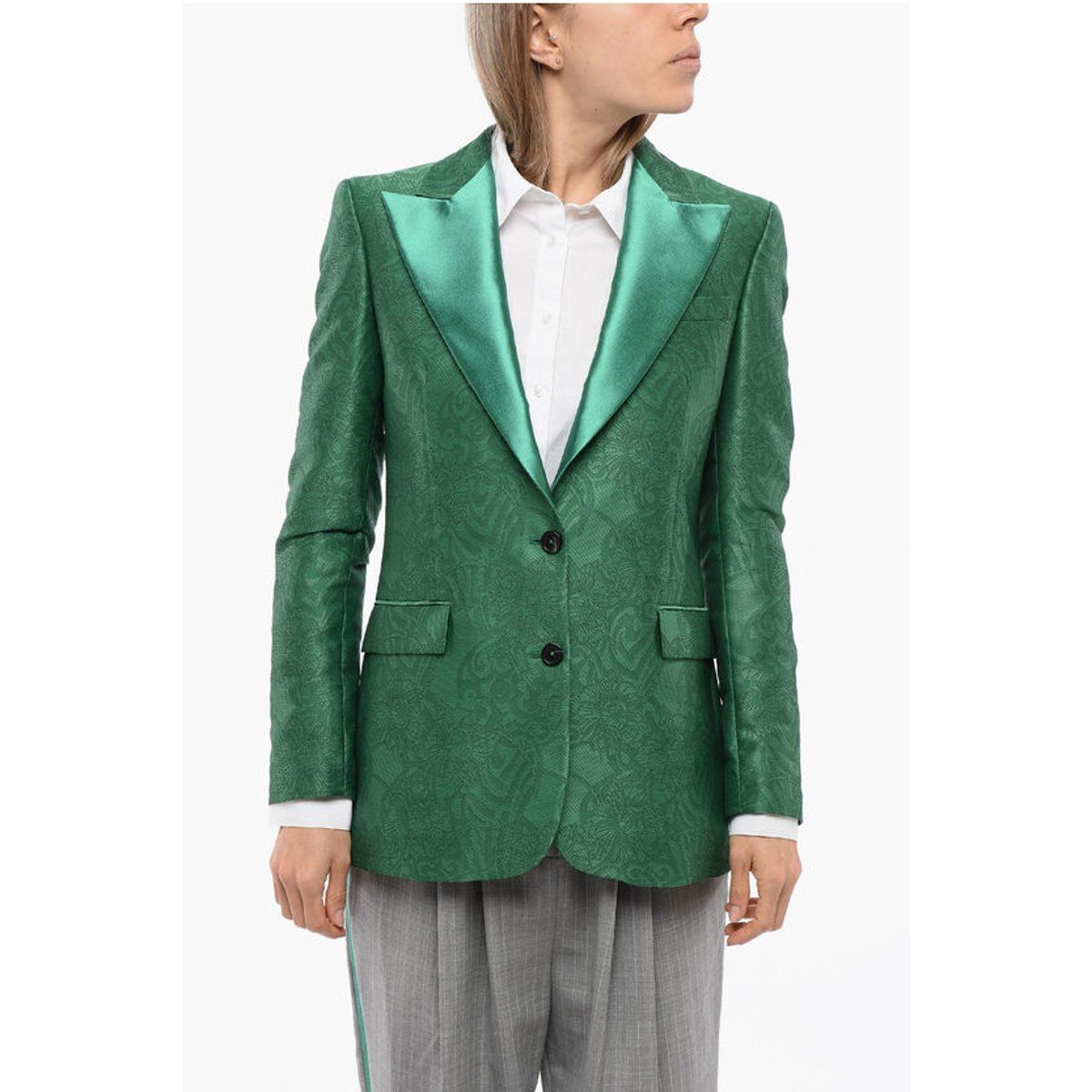Grüner, bestickter Blazer mit steigendem Revers