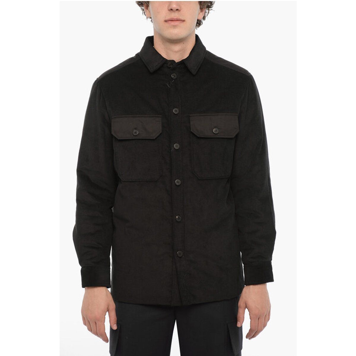 Schwarzes Cord-Overshirt mit gestepptem Futter