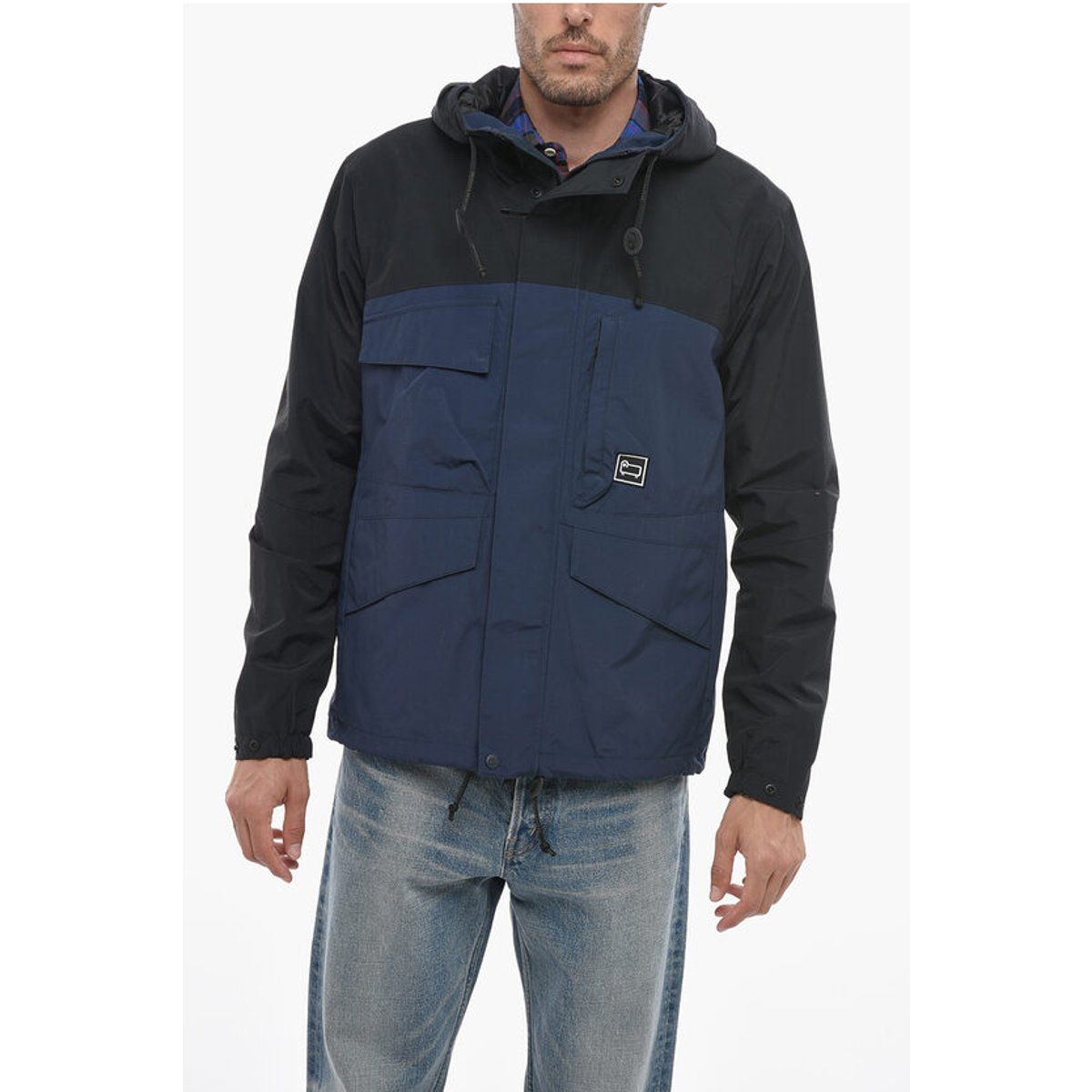 Zweifarbige Utility-Jacke mit Kapuze