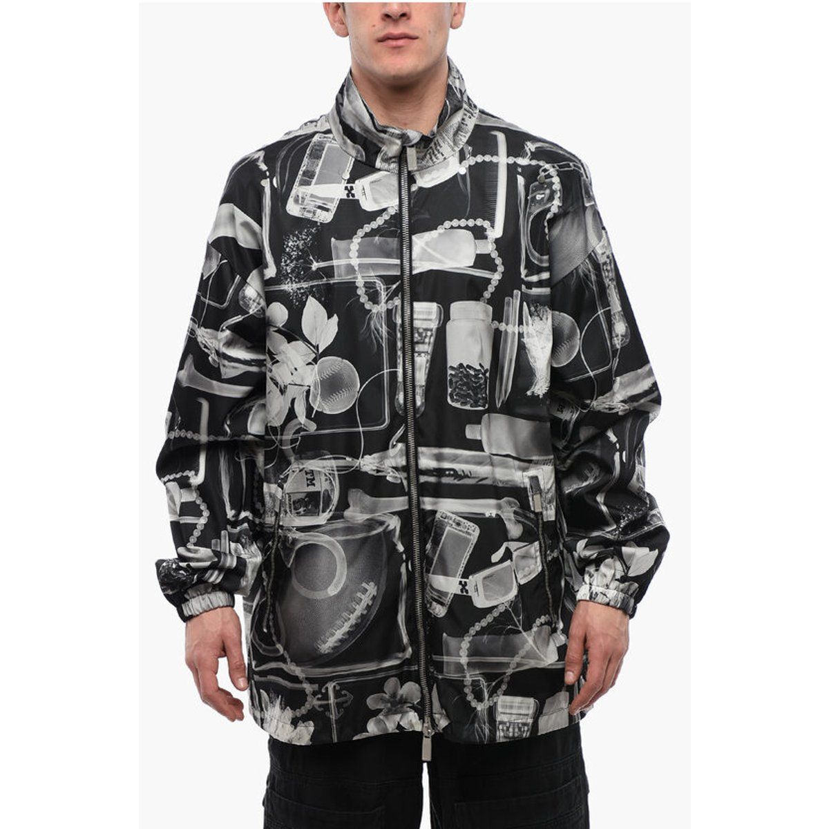 Schwarz-weiße Nylonjacke mit Print