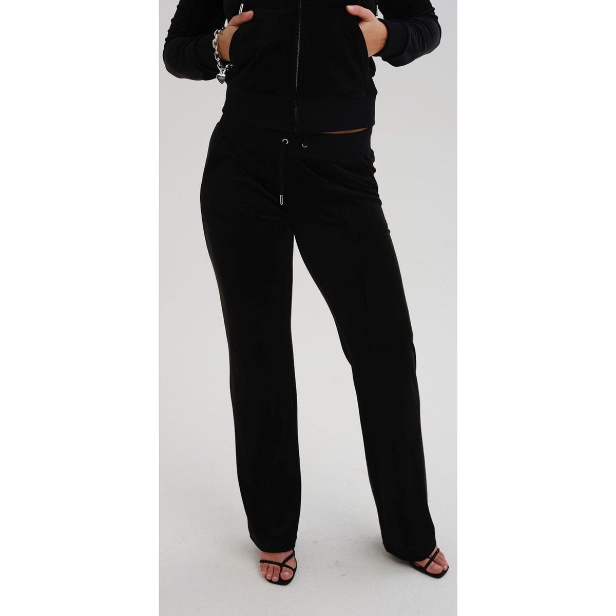 Schwarze, gerade geschnittene Velours-Loungewear-Hose