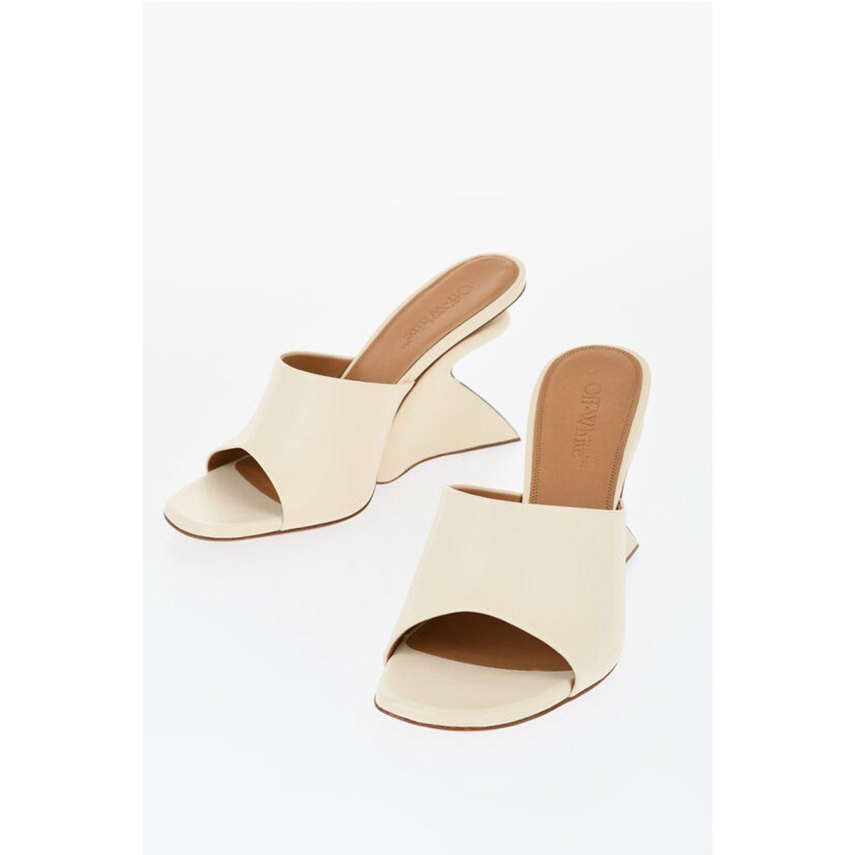 Beige Mules aus Leder mit skulpturiertem Absatz