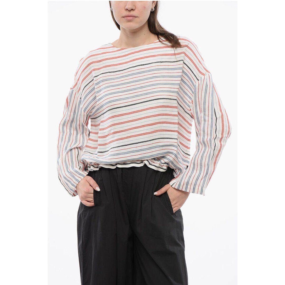 Gestreifte Leinenmischungsbluse mit elastischem Saum