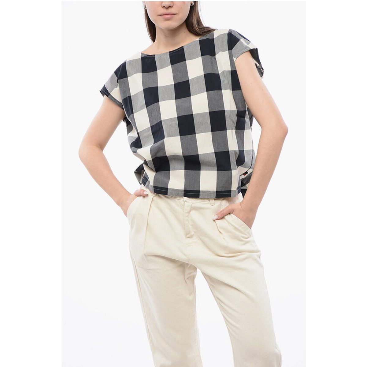 Ärmellose Gingham-Bluse aus Baumwolle