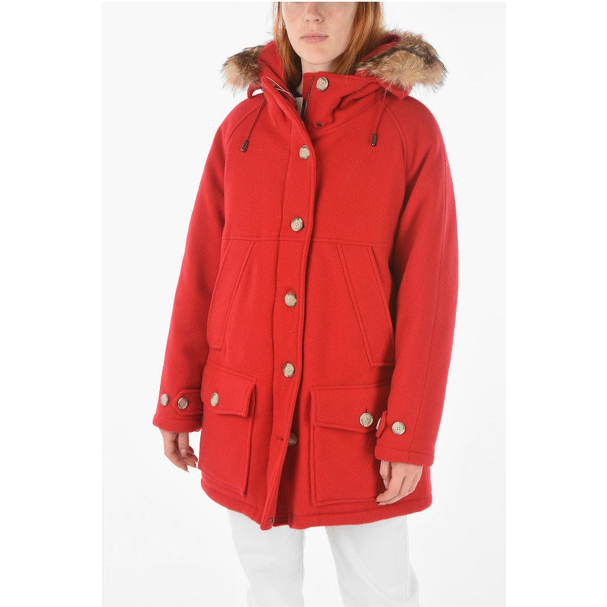 Daunenjacke aus Wollmischung mit Fellkapuze