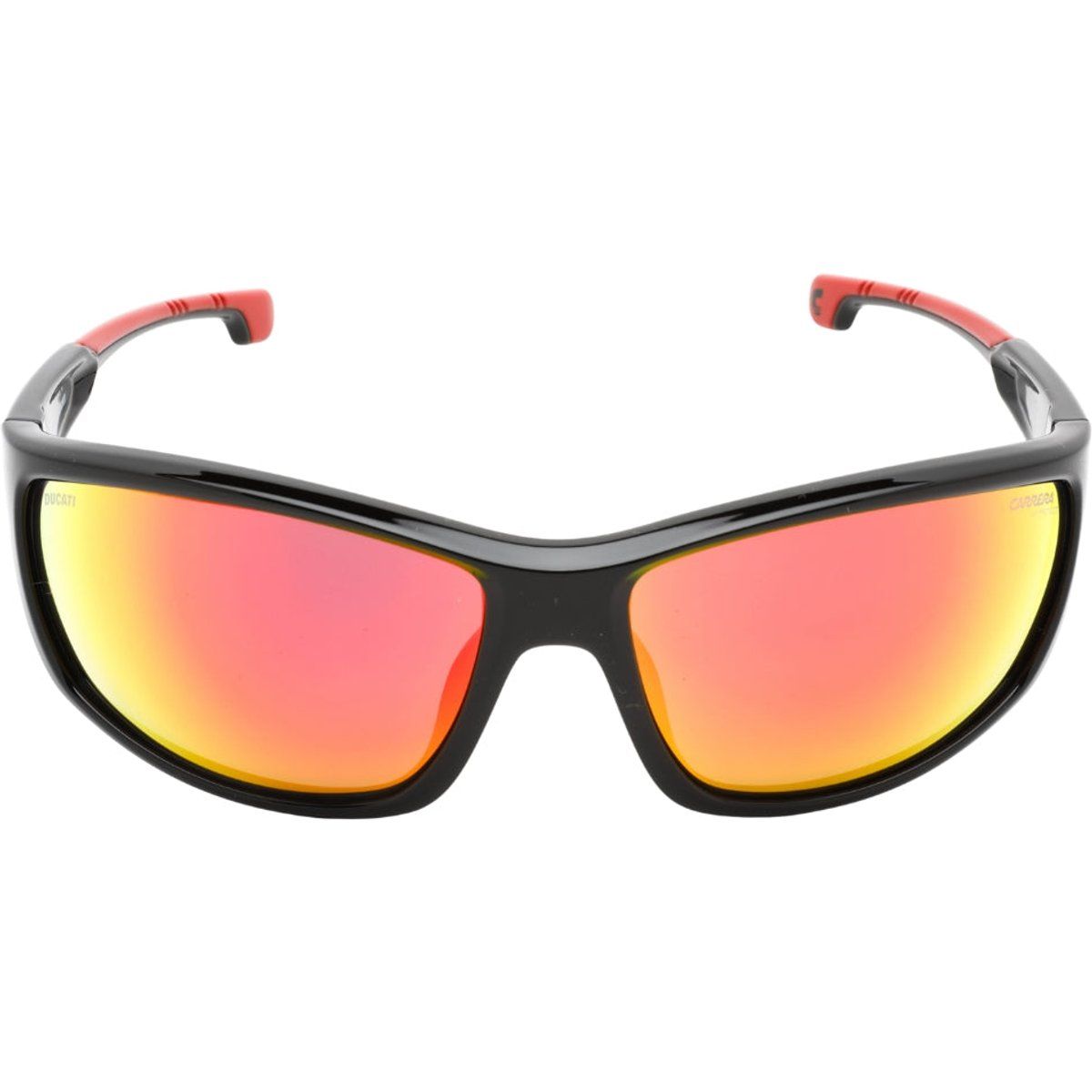 Sportliche schwarze Sonnenbrille mit roten Gläsern