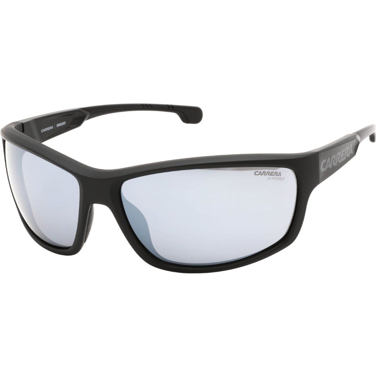 Sonnenbrille mit schwarzem Rahmen und verspiegelten Gläsern