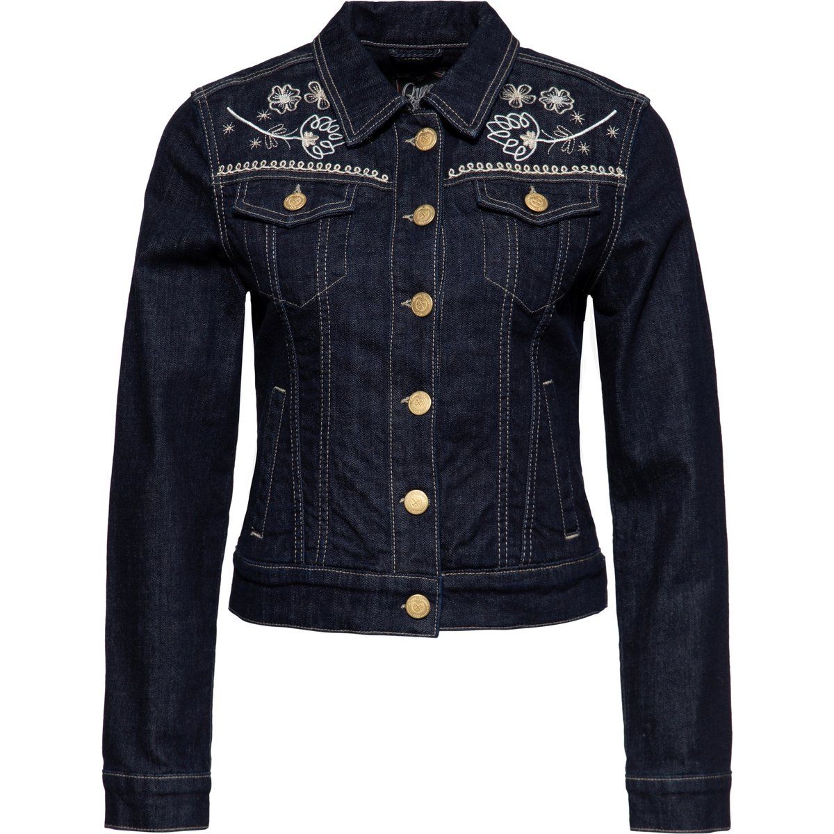 Jeansjacke aus dunkel gewaschenem Denim mit Stickerei
