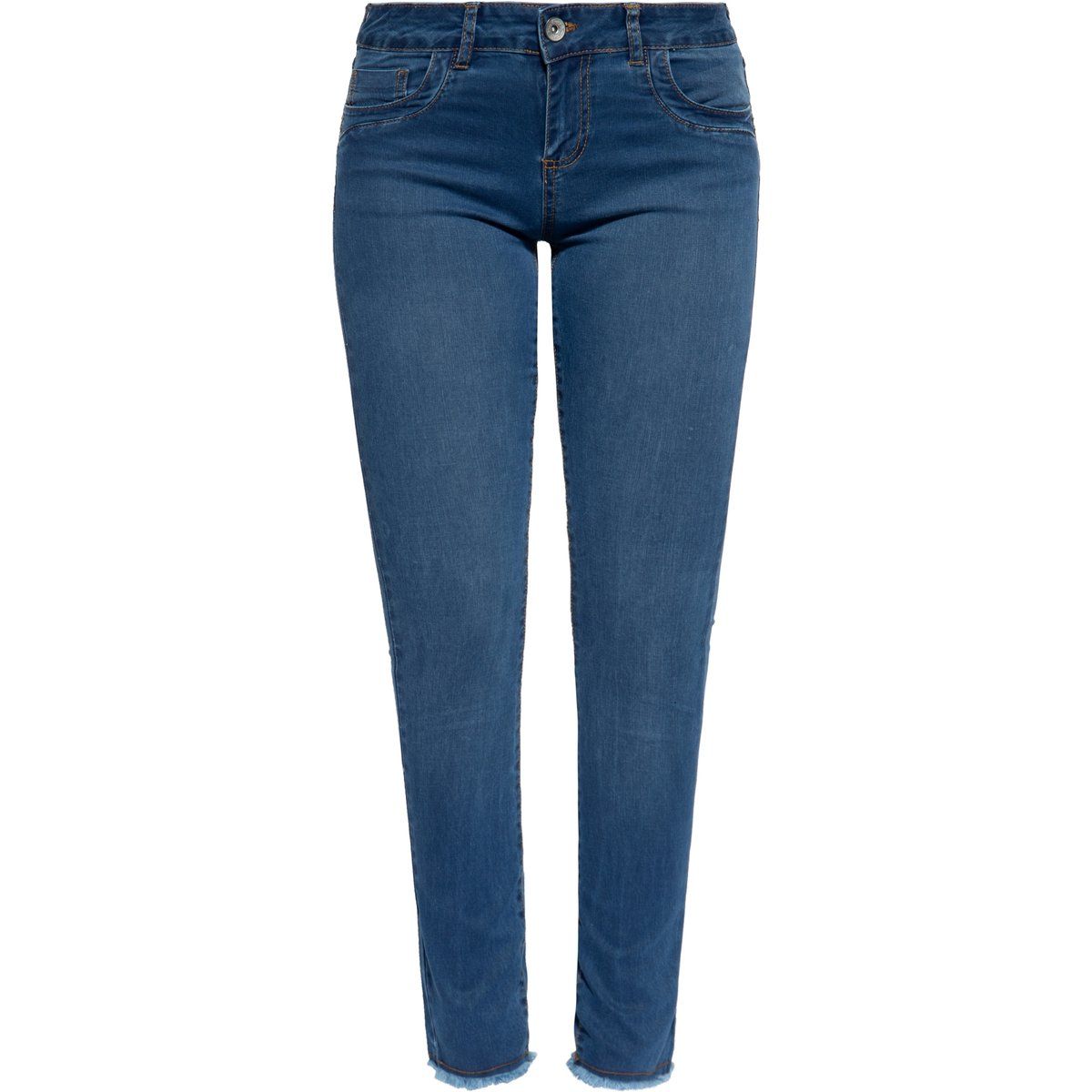 Schmal geschnittene Jeans mit Fransen-Saum