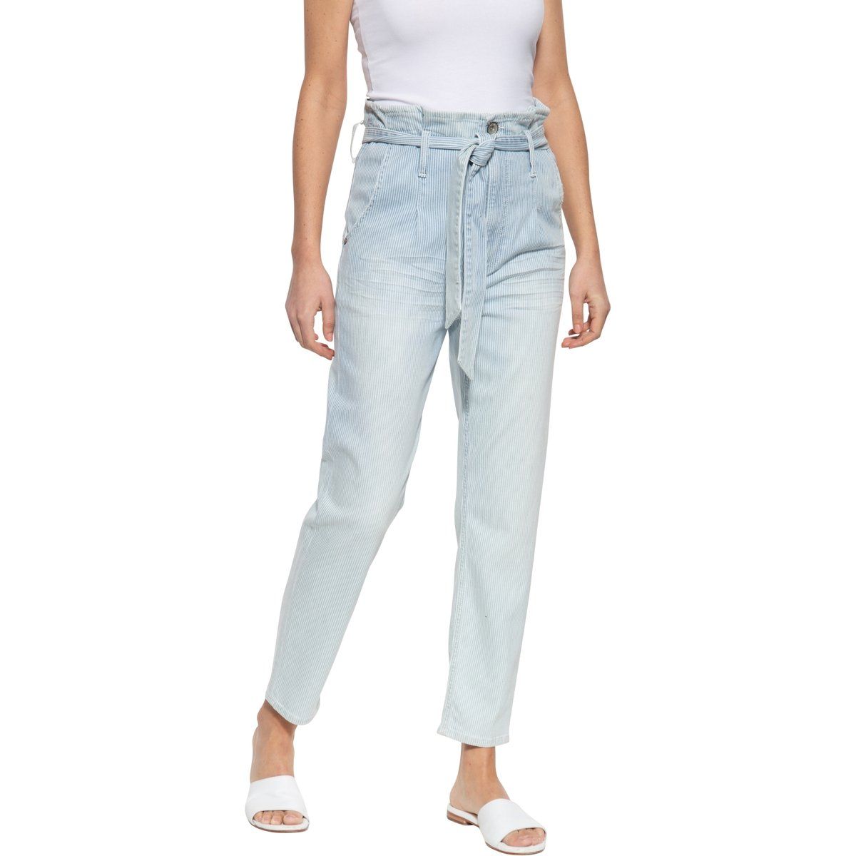 Gestreifte Paperbag-Jeans mit hoher Taille